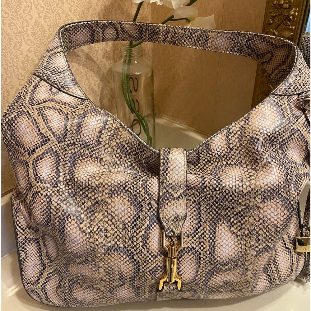 GILI Got to Love It large leather brown PYTHON snake print Tassel Hobo purse.
